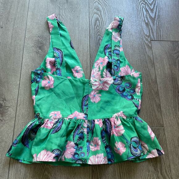 cynthia rowley eden green floral print 100% silk peplum blouse top size XS 2 - Picture 2 of 4